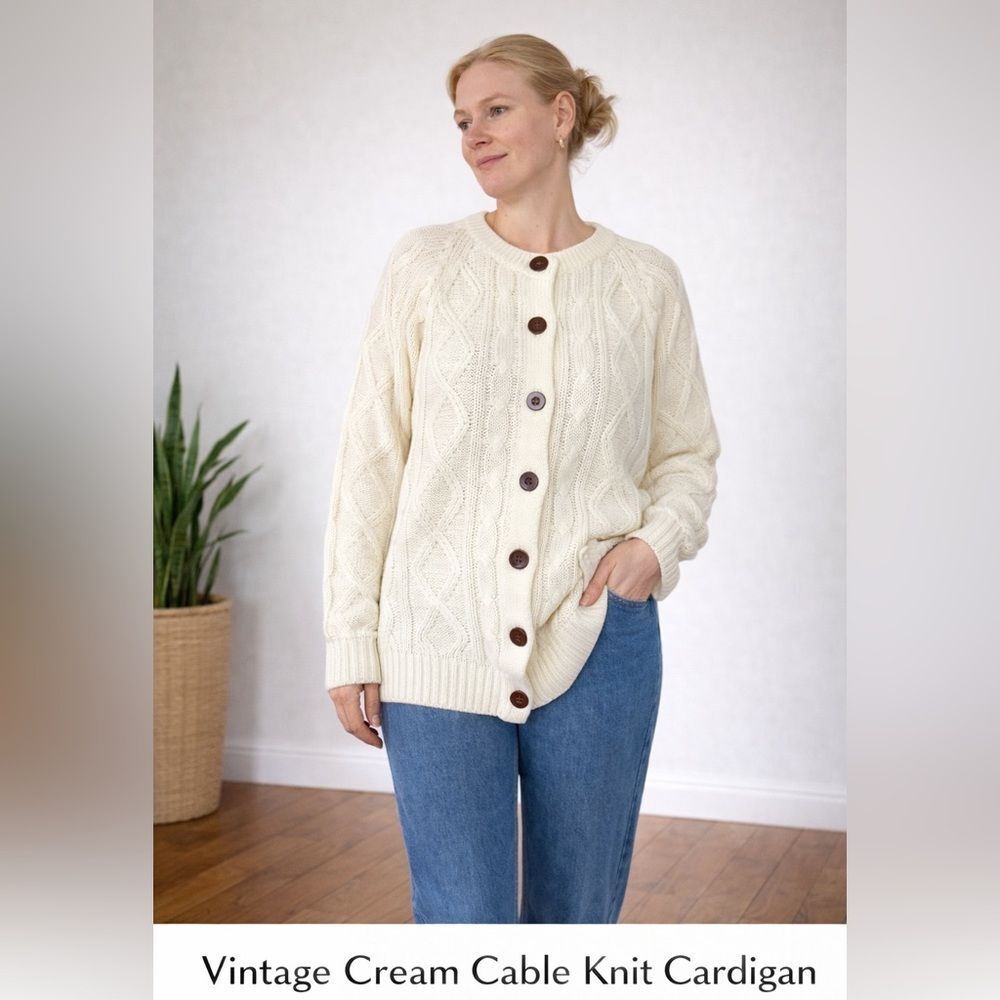 Vintage Cream Cable Knit Cardigan – Chunky Knit, Button Front L/XL